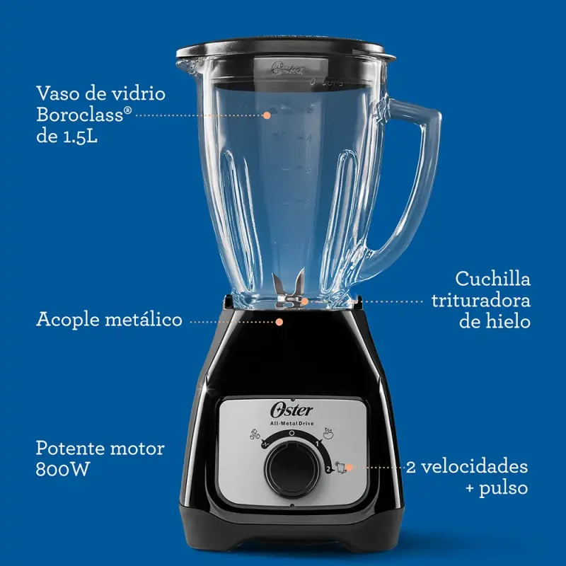 LICUADORA OSTER CON VASO DE VIDRIO DE 1.5L Y CONTROL DE PERILLA BLSTKAGBRD